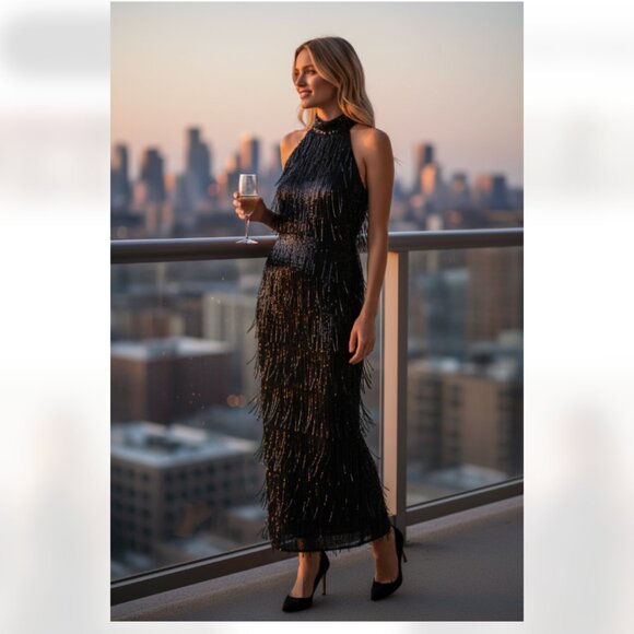 NEW R&M Richards Embroidered Sequin Fringe Column Mock Neck Halter Dress Wedding - Picture 3 of 9